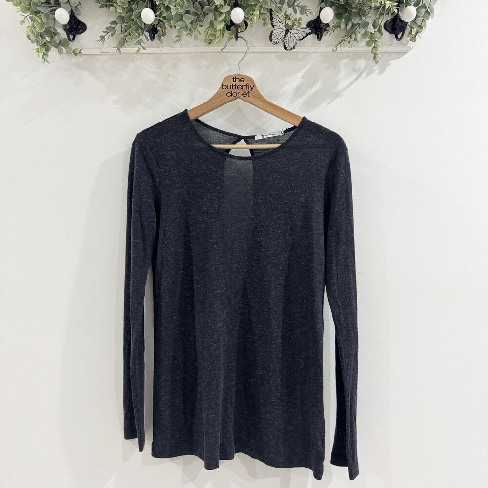 T Alexander Wang Heathered Black Keyhole Back Long Sleeve Shirt Small Wool Blend
